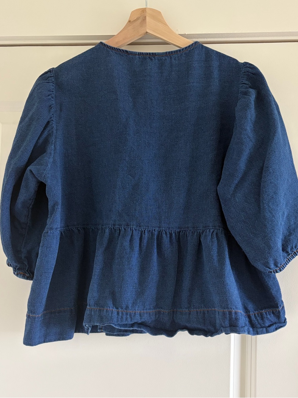 Denim Tie-Front Peplum top in Deep Blue - Picture 3 of 4
